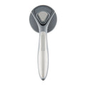 Self-cleaning slicker brush for cats and dogs in grey, green, or pink with massage bristles and comfort-grip handle