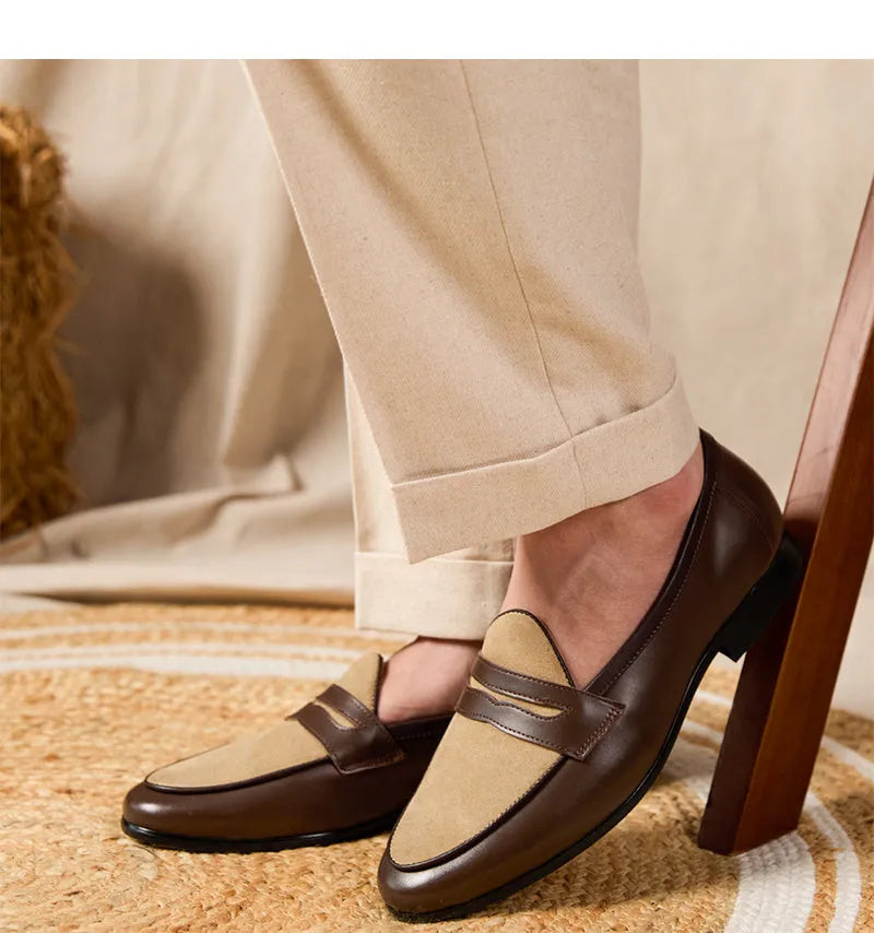 Men's champagne-coloured suede leather loafers with a slip-on design and rubber sole.