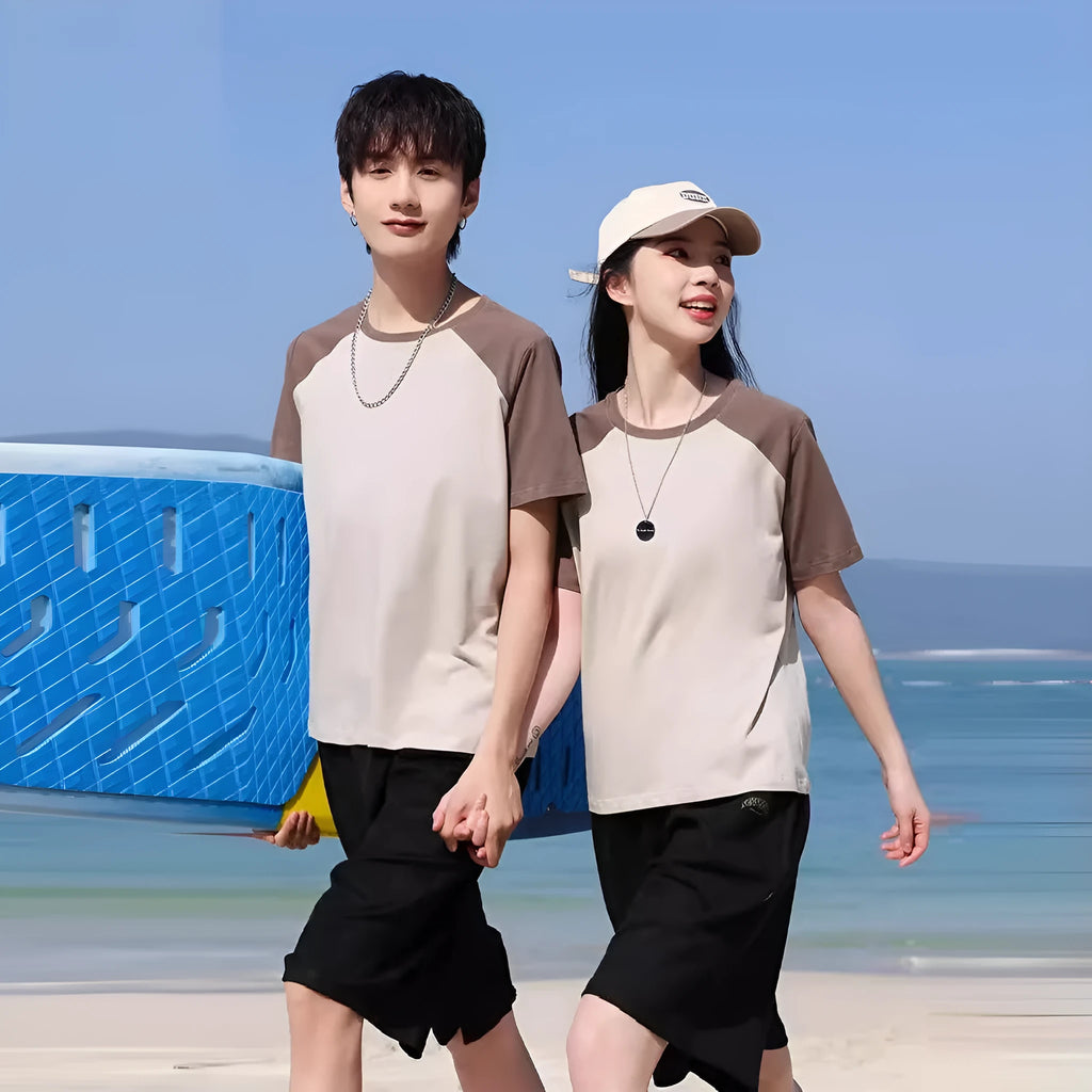 Round neck loose fit cotton blend t-shirt shown in A050 apricot army green colour option