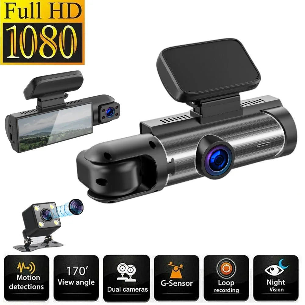 Dual-lens HD driving recorder with 3.5-inch LCD screen mounted in car