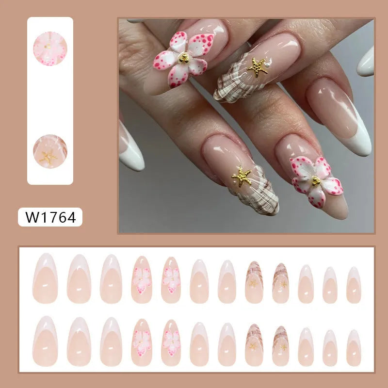 Flower French style fake nails with simple flower pattern, 24-piece plastic kit with glue