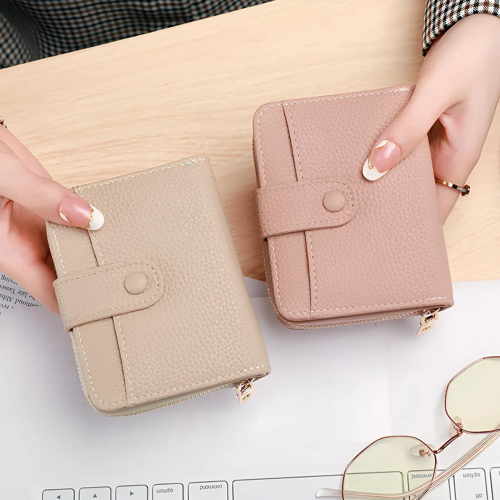 Women's lychee pattern organ short wallet in beige with sewing thread accents and antibacterial lining