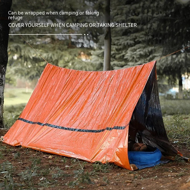Portable outdoor disaster relief tent in orange or green with emergency blanket and whistle for camping