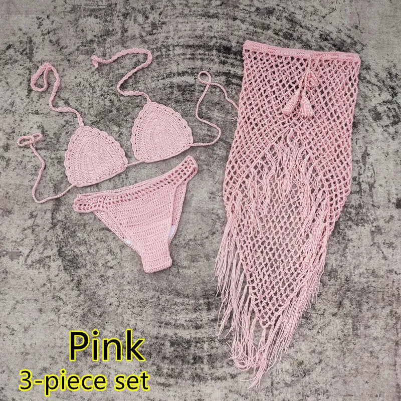 Handmade crochet bikini set with matching beach skirt in blue colour, showing three separate pieces