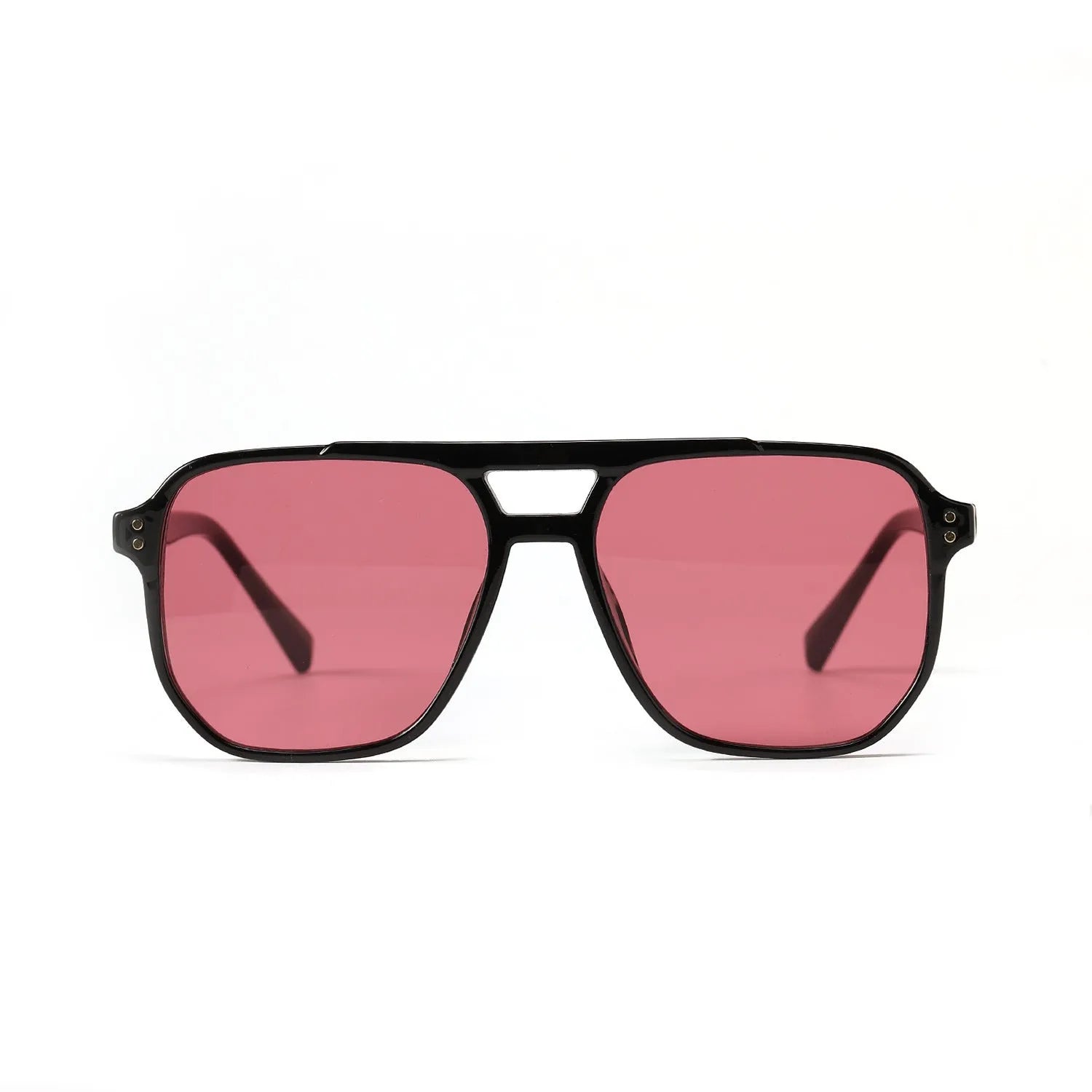 Square double beam fashion sunglasses for women in black frame with pink lens, showing UV400 protection.