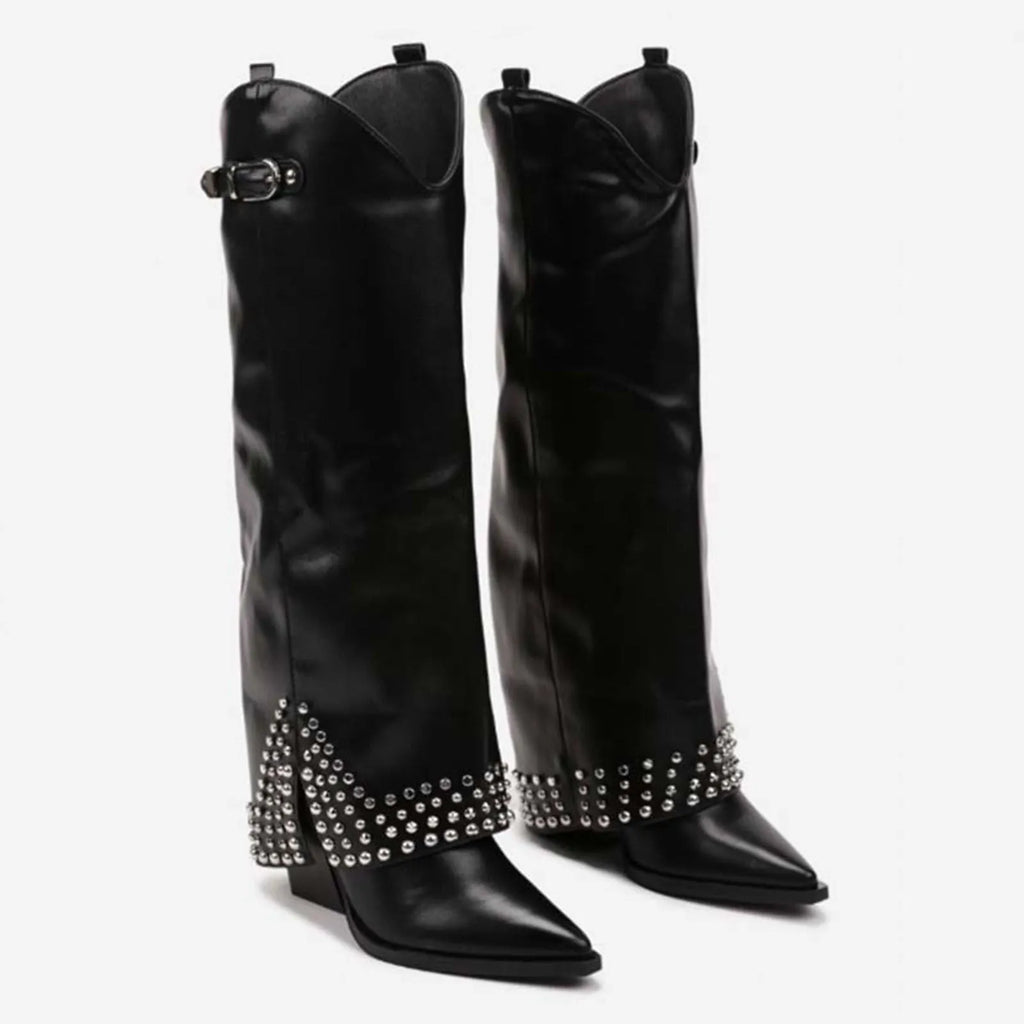 Women's black frosted rivet pantyhose boots with pointed toe and rubber sole