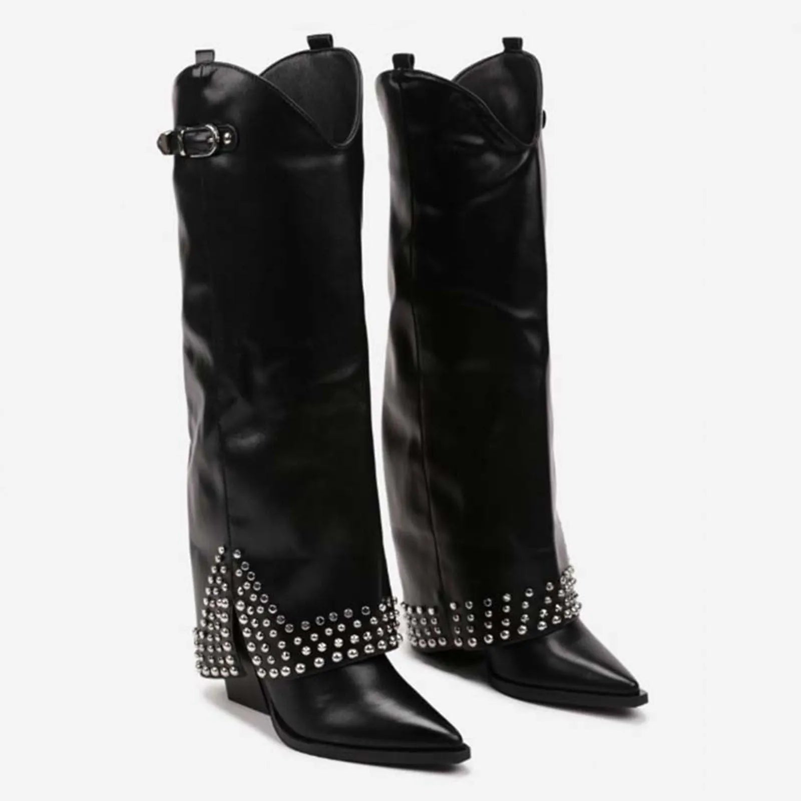 Women's black frosted rivet pantyhose boots with pointed toe and rubber sole