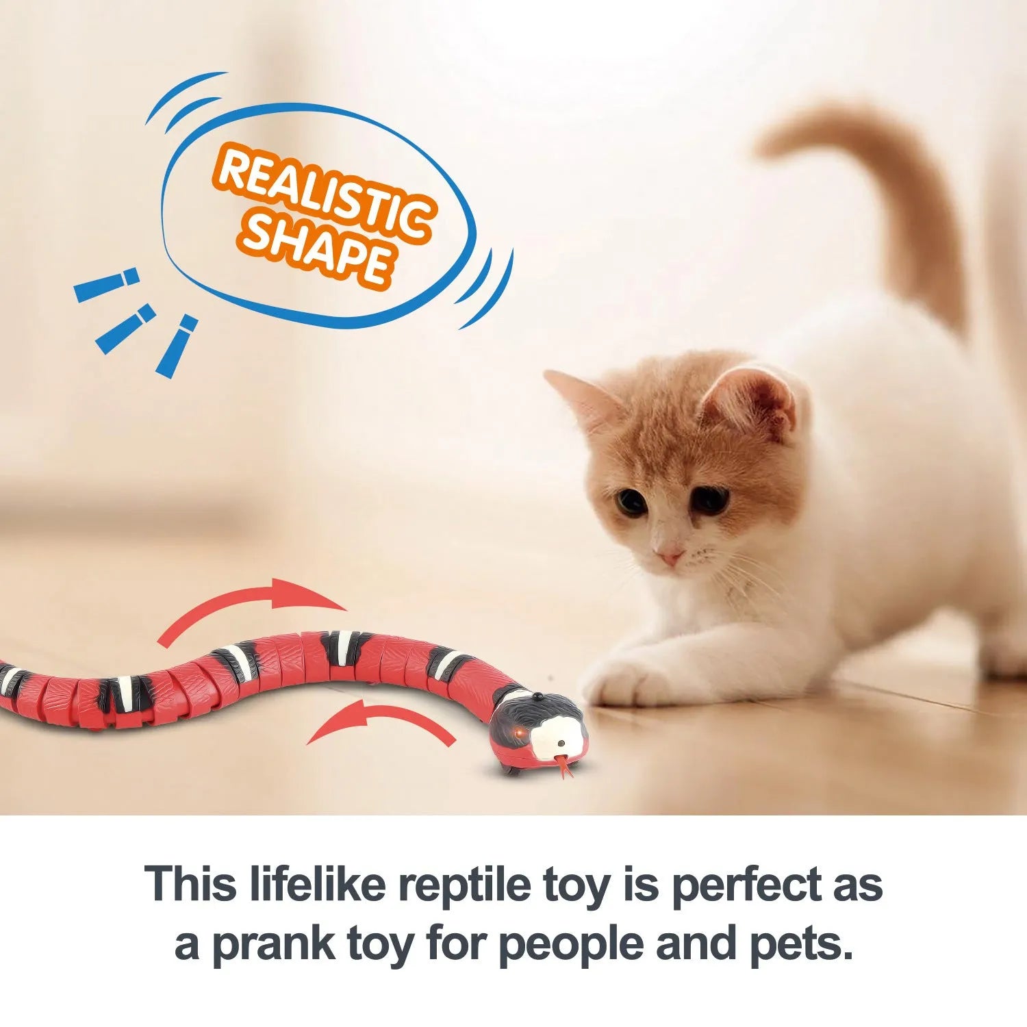 Smart sensing automatic snake cat toy with USB charging port and realistic 3D cobra design