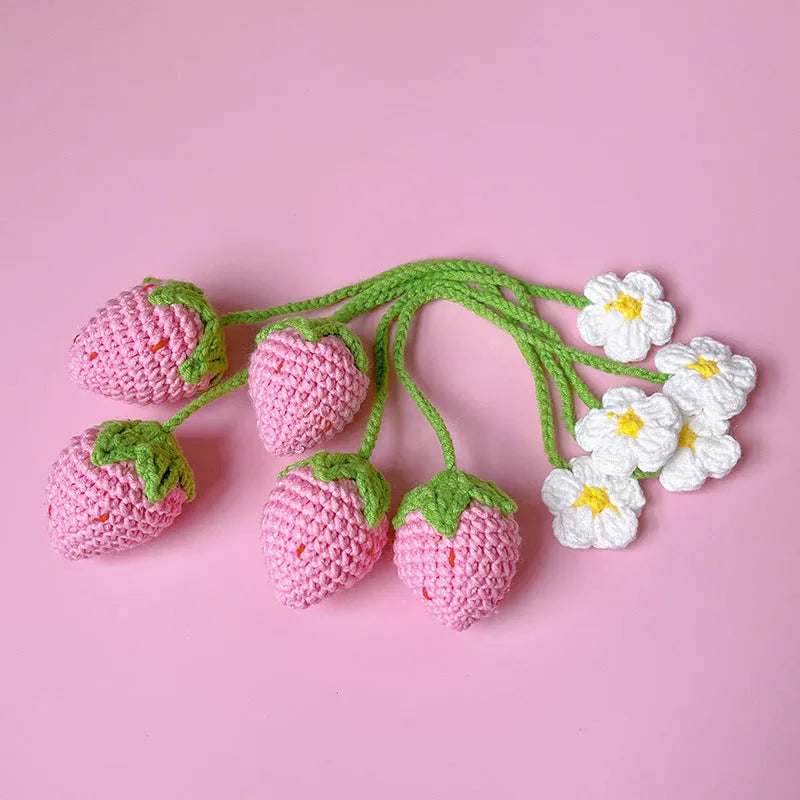 Handcrafted wool crochet strawberry pendant on a 35cm cord in pink or red colour