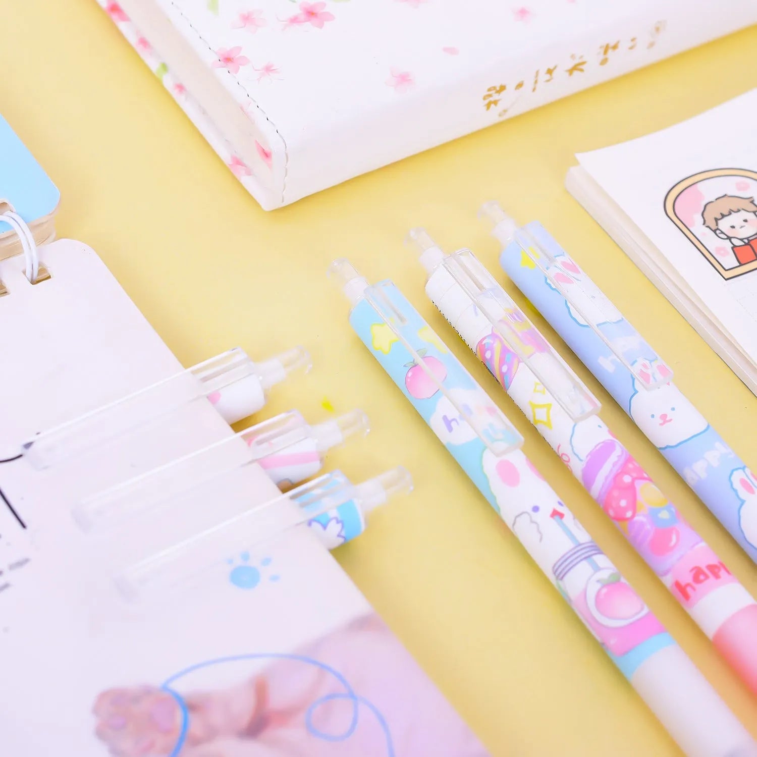 Six black ink signature pens with 0.5mm tips and cartoon bunny designs