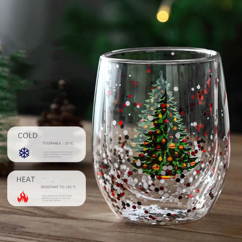 Christmas tree cup with flowing sequins and floral pattern, double-layer high boron silicon, 301-400ml, egg-shaped coffee cup