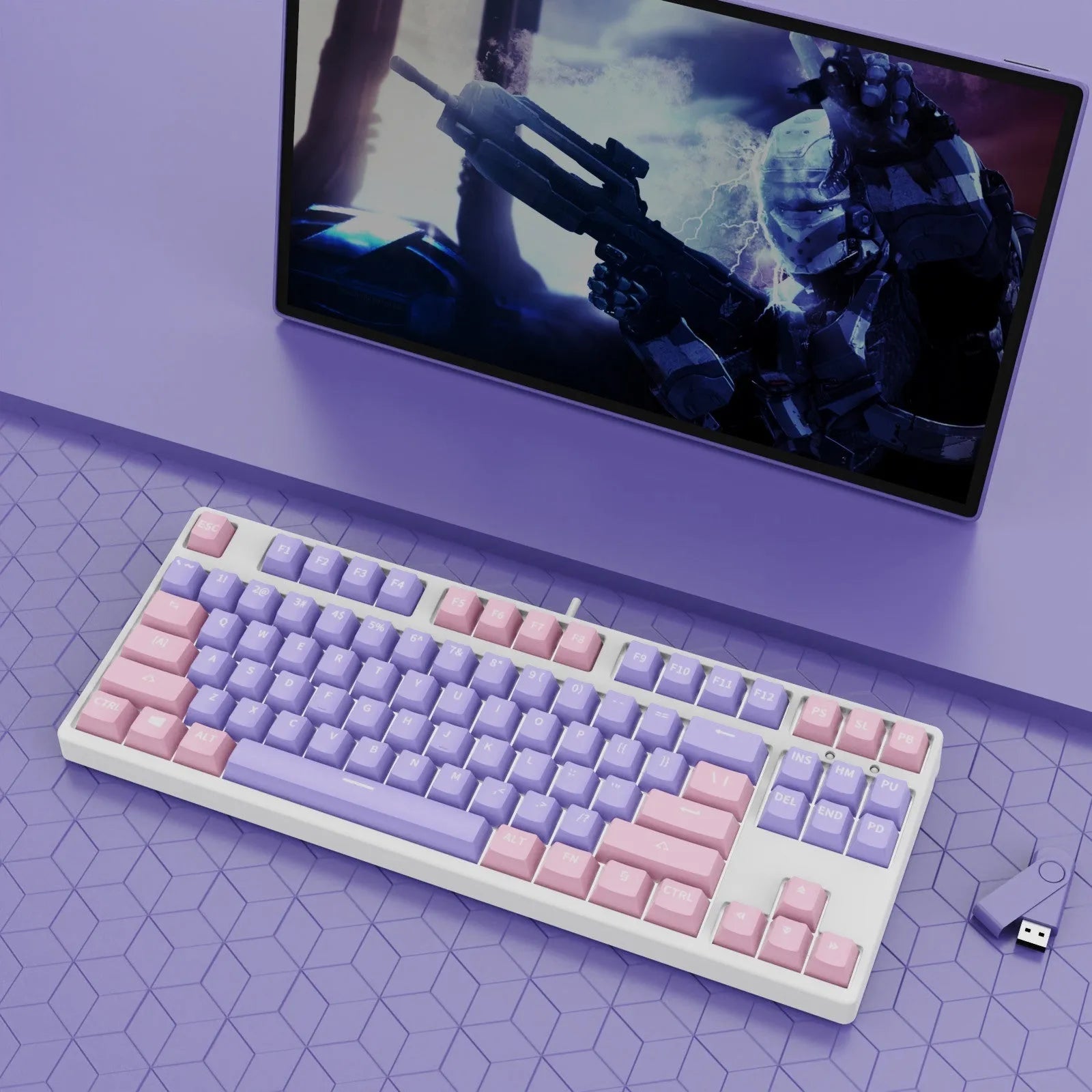 87-key wired mechanical keyboard with two-tone keycaps and metal frame, showing compact design and included tools