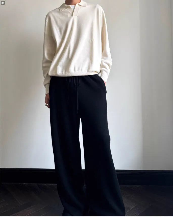 Old Money style pure wool polo sweater with lapel collar in milky white, loose fit long sleeves