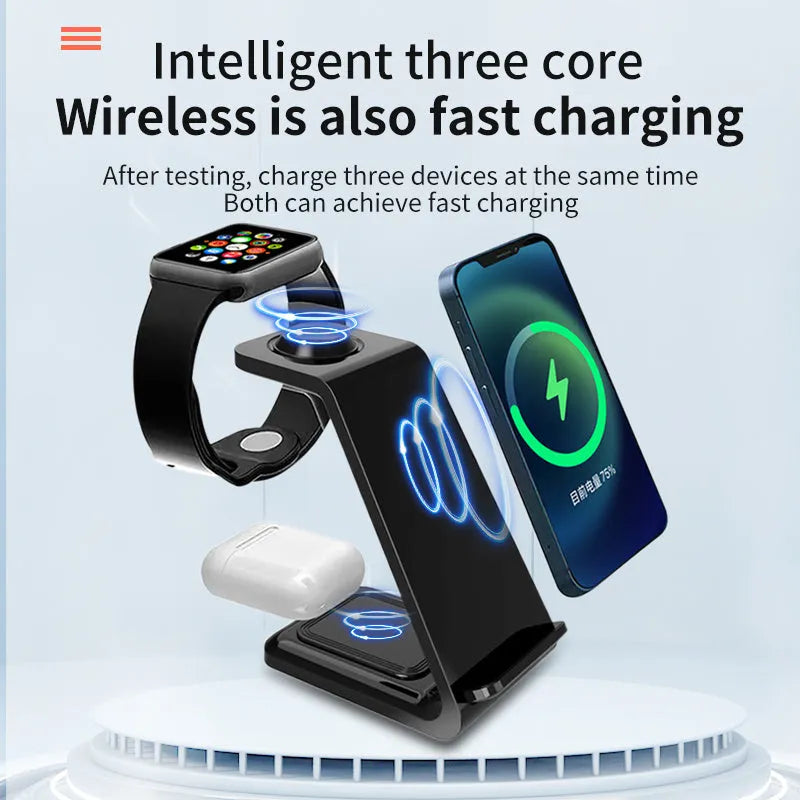 White 3-in-1 wireless charger with upright phone holder, earbuds charging spot, and smartwatch charging area on desk