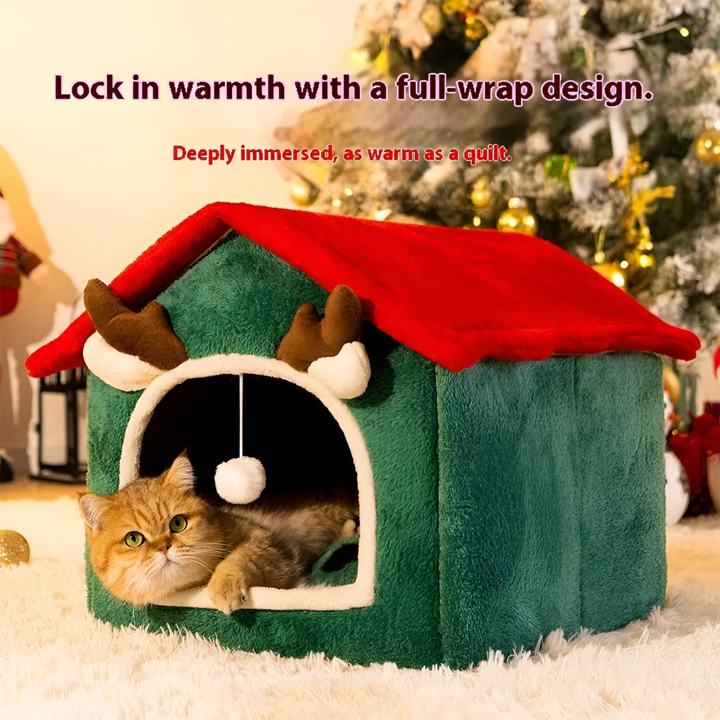 Christmas cat nest in red top elk design, removable washable cotton pet bed for cats and small dogs