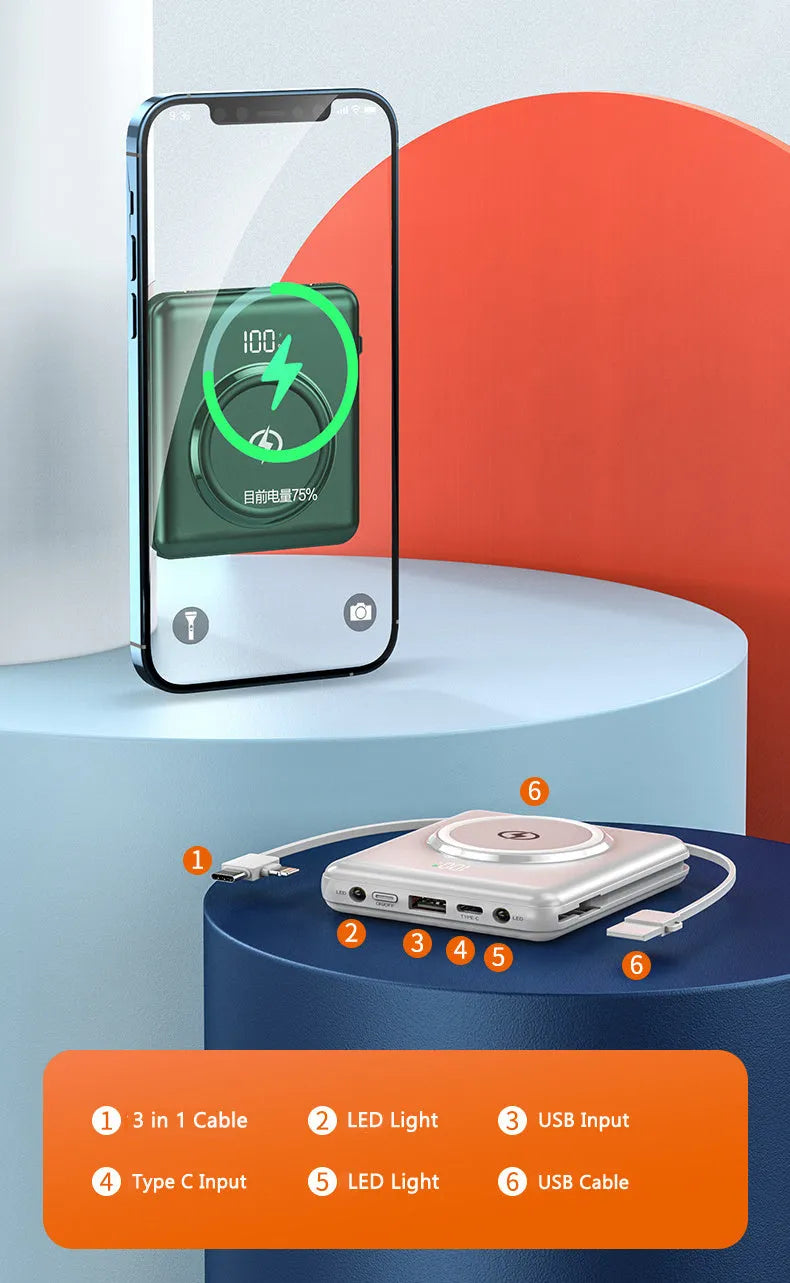 20000mAh portable power bank with LCD display showing battery percentage, available in black, green, and red colours