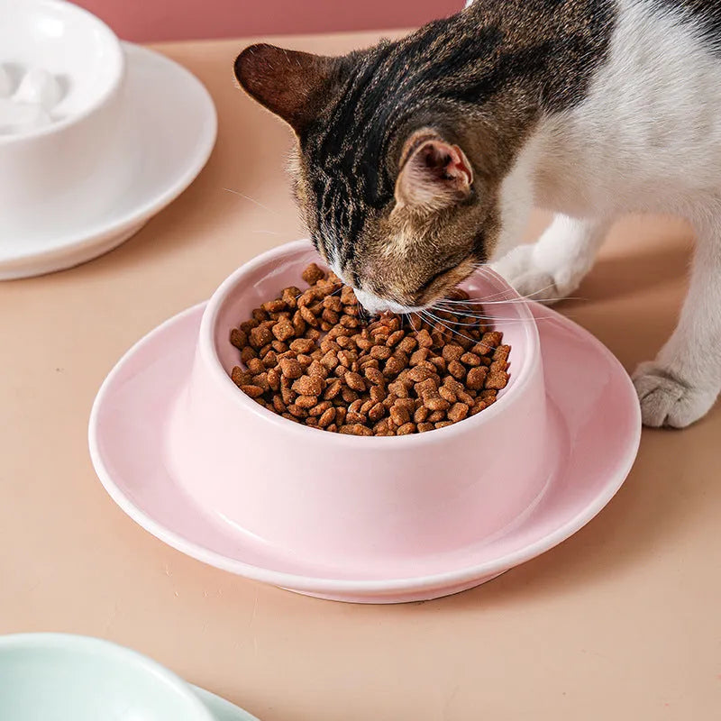 Green ceramic slow feeder pet bowl with maze pattern and non-slip silicone base on a kitchen floor.
