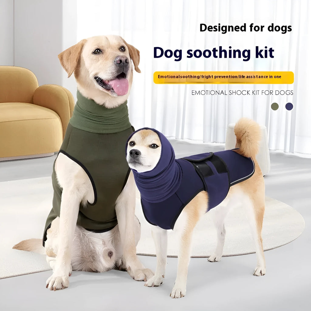 Army green dog anti-anxiety jacket wrapped around a dog's torso.