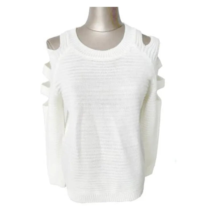Women's grey hollow-out knitted shirt with crocheted detailing and round neckline