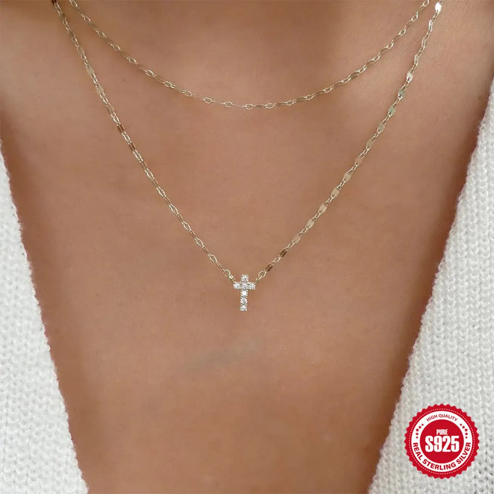 S925 sterling silver double-layer twin diamond cross necklace on clavicle chain in gold finish