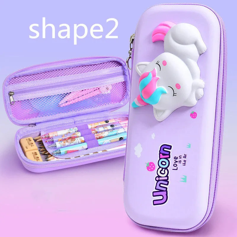 Square EVA pencil case with 3D decompression design showing dinosaur cartoon pattern