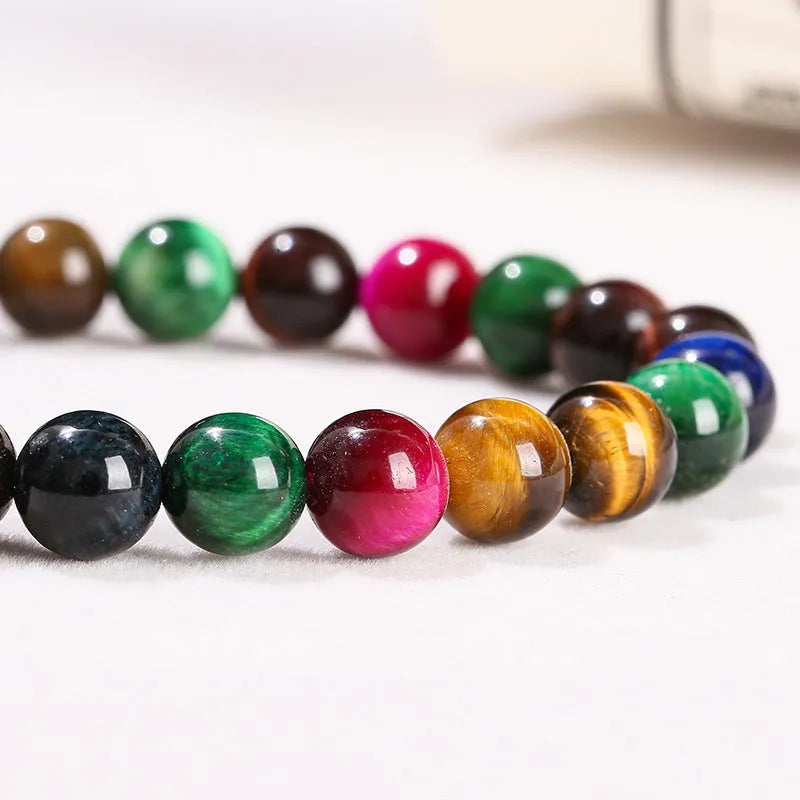 Women's natural Tiger Eye beaded bracelet with colourful mixed stones in round shapes.