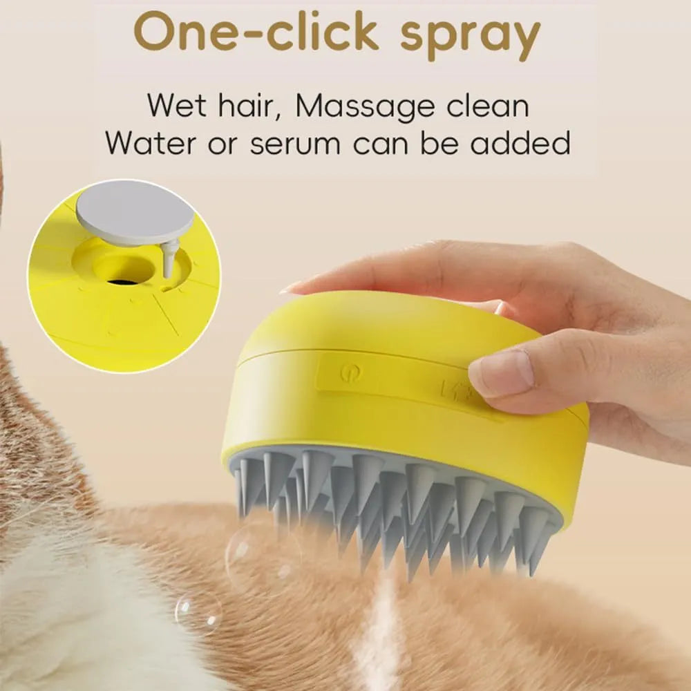 Green and yellow rechargeable cat steam brush with silicone bristles for grooming pets