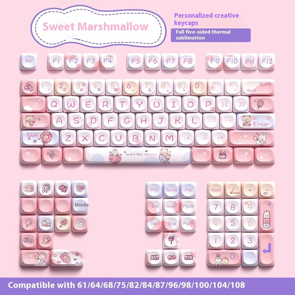 Sweet Cotton Candy key cap set for mechanical keyboards with 112 or 120 key options, dimensions 23cm x 19cm x 3cm