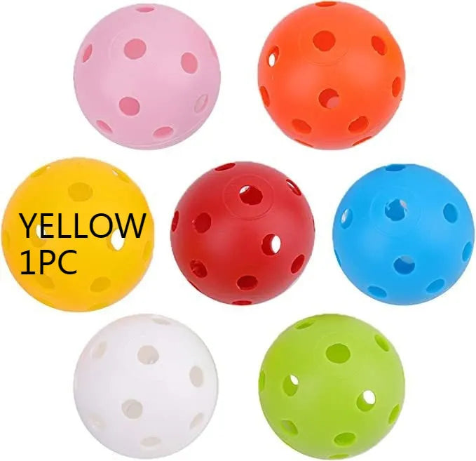 Six-colour golf practice balls in net pocket, each measuring 42mm diameter