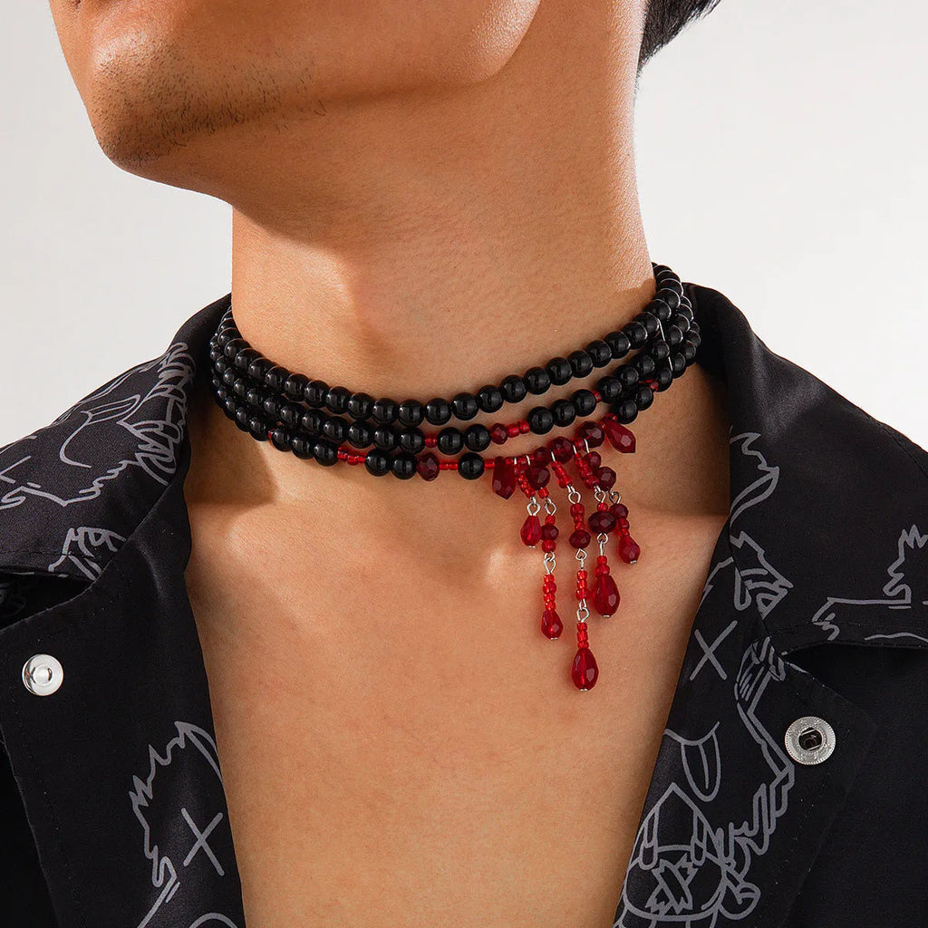 Halloween blood drop tassel necklace with artificial crystal pendant and imitation pearl accents on adjustable chain
