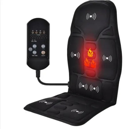Black electric cervical kneading massager with remote control and international plug adapters.