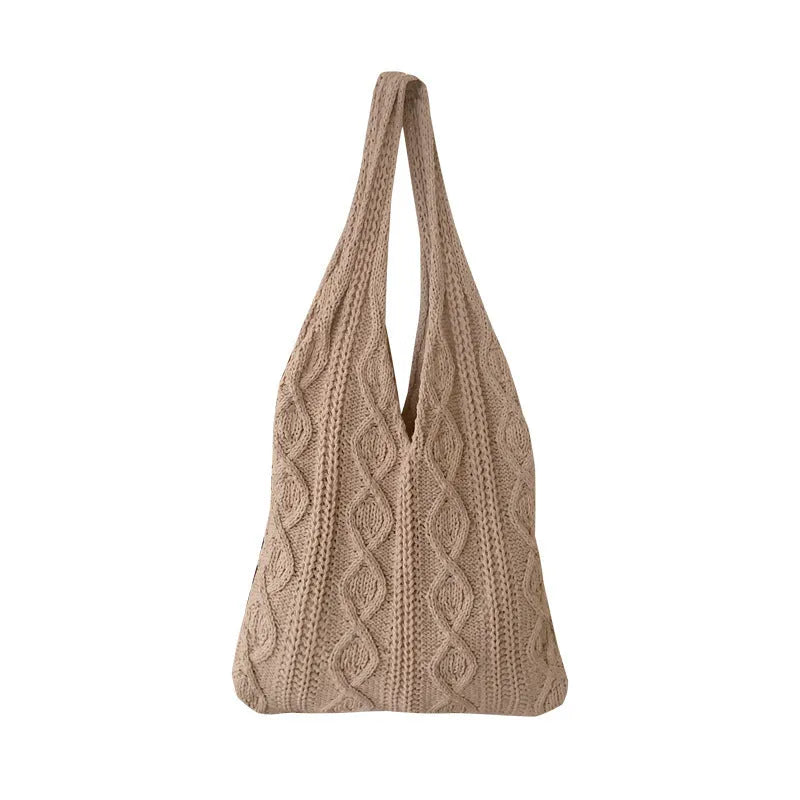 Women's retro style hollow knitted tote bag in polyester with double shoulder straps, shown in a solid colour.
