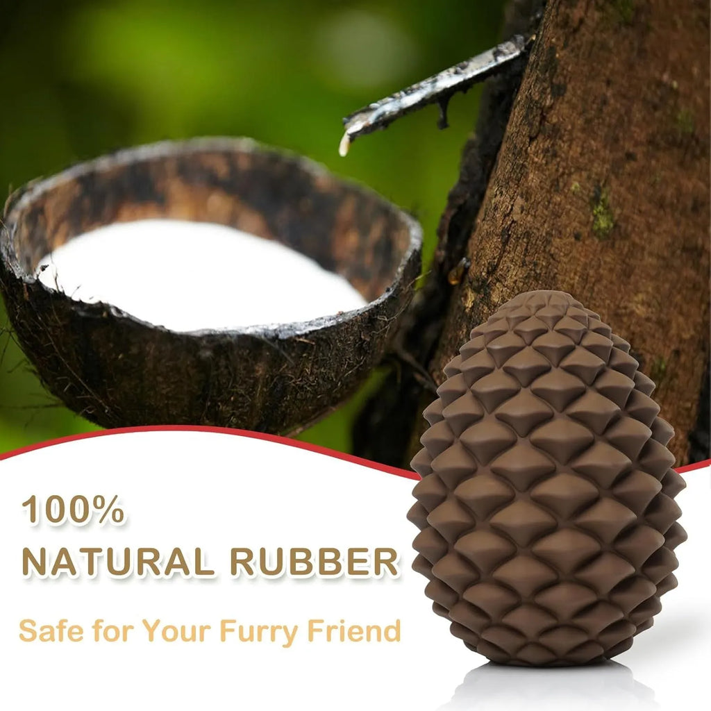 Pine cone-shaped yellow dog toy with treat dispenser, natural rubber, for medium to large dogs