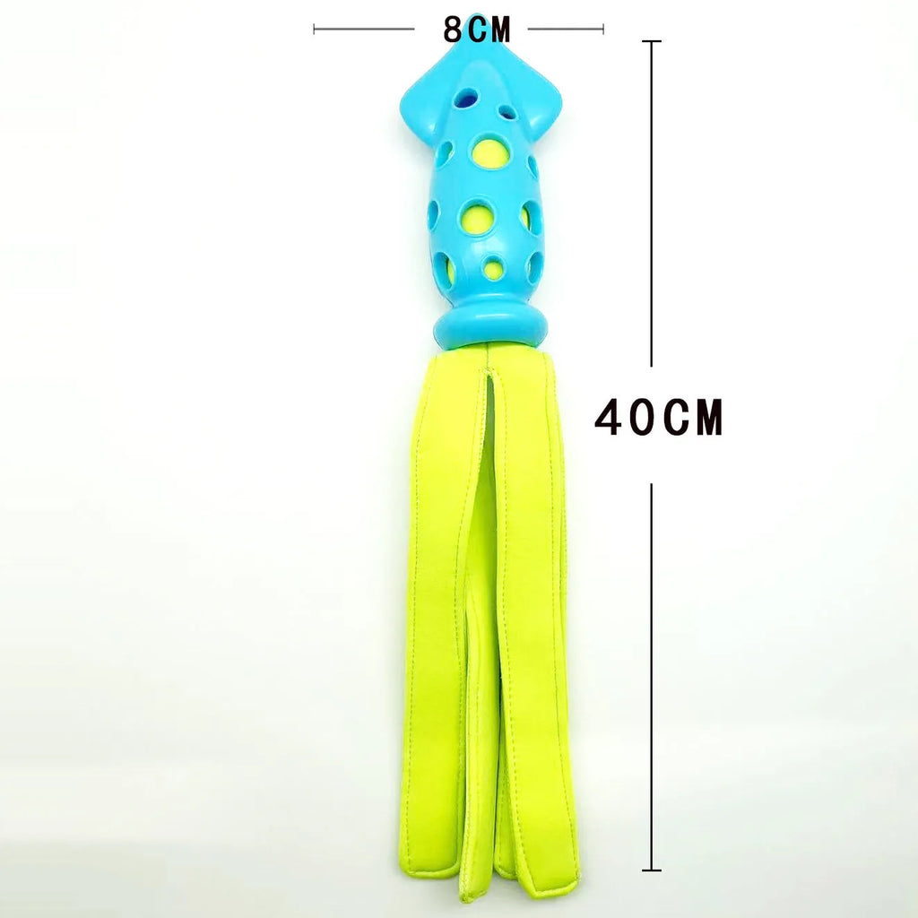 Blue cuttlefish-shaped dog chew toy approximately 39cm long with rubber and waterproof cloth construction