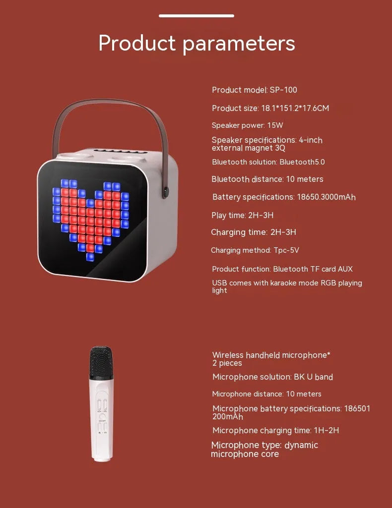 Portable Bluetooth karaoke speaker in black with two wireless microphones, 15W output, RGB rhythm light, and iron mesh front.