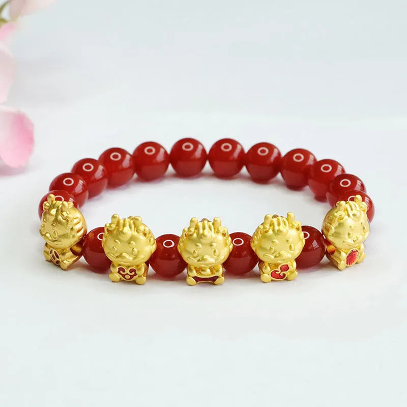 Natural red agate bracelet with carved Five Blessing Dragon motif measuring approximately 8mm diameter