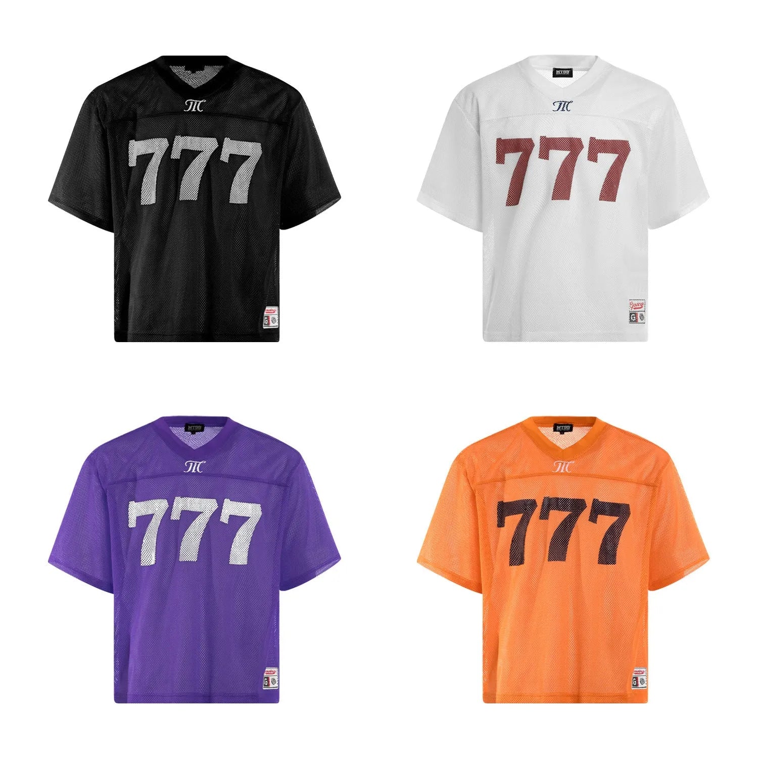 Loose-fit retro street t-shirt in black, white, purple, or orange colours, made from polyester fabric