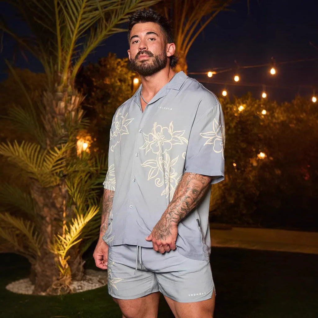 Printed floral pattern loose short sleeves top with cardigan style on male model
