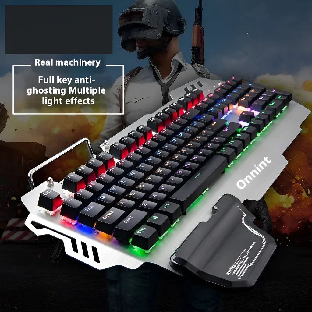 Silver metal gaming keyboard with green axis mechanical switches and integrated wrist splint