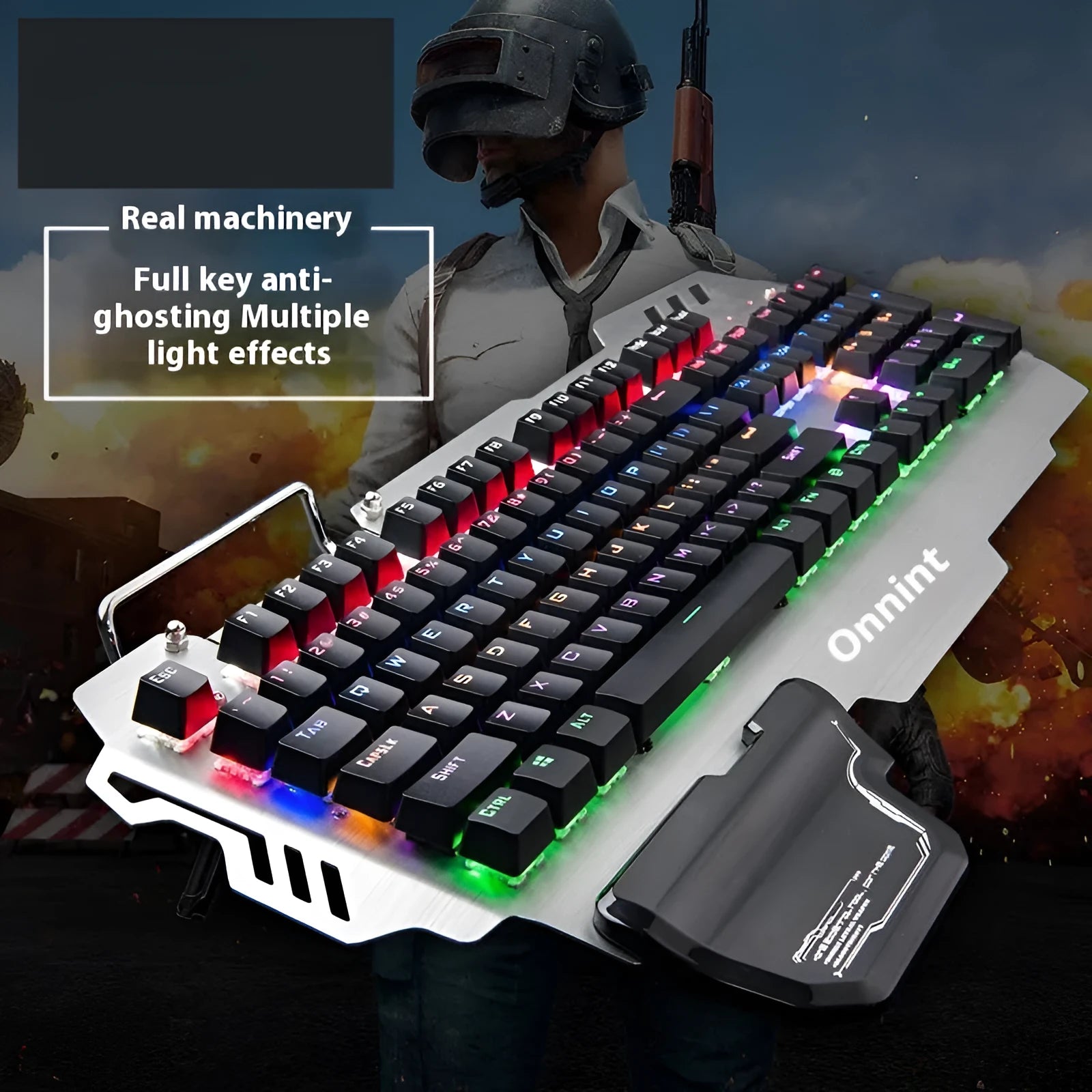 Silver metal gaming keyboard with green axis mechanical switches and integrated wrist splint