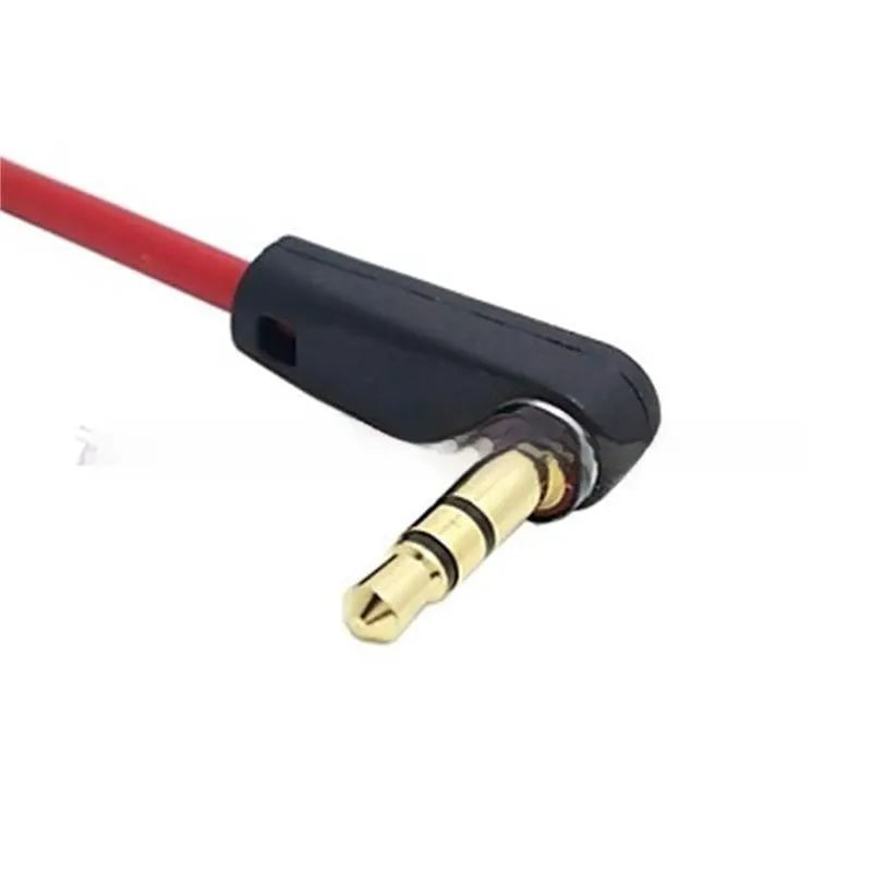 Red 35mm audio cable with elbow male-to-male connectors, 1m length, gold-plated plugs and bare copper wire.