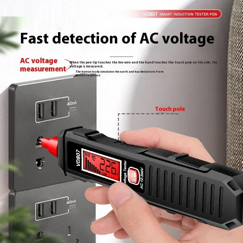 Digital voltage tester pen with LCD display showing voltage reading, black and red plastic housing