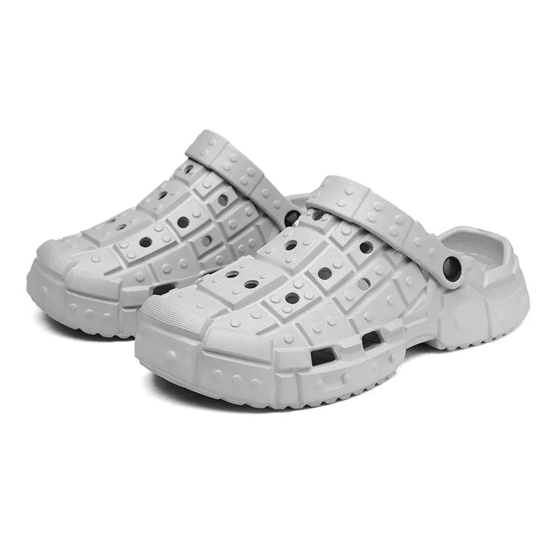 Men's black EVA slippers with thick textured non-slip sole and heel holder design