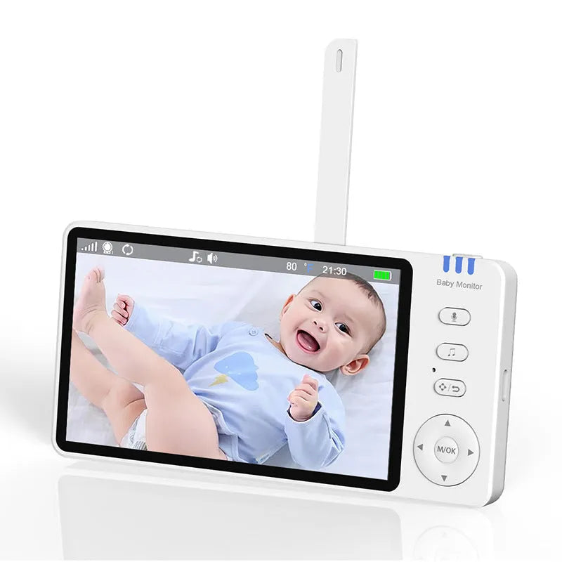 White 5-inch HD wireless baby monitor and camera on a nursery shelf