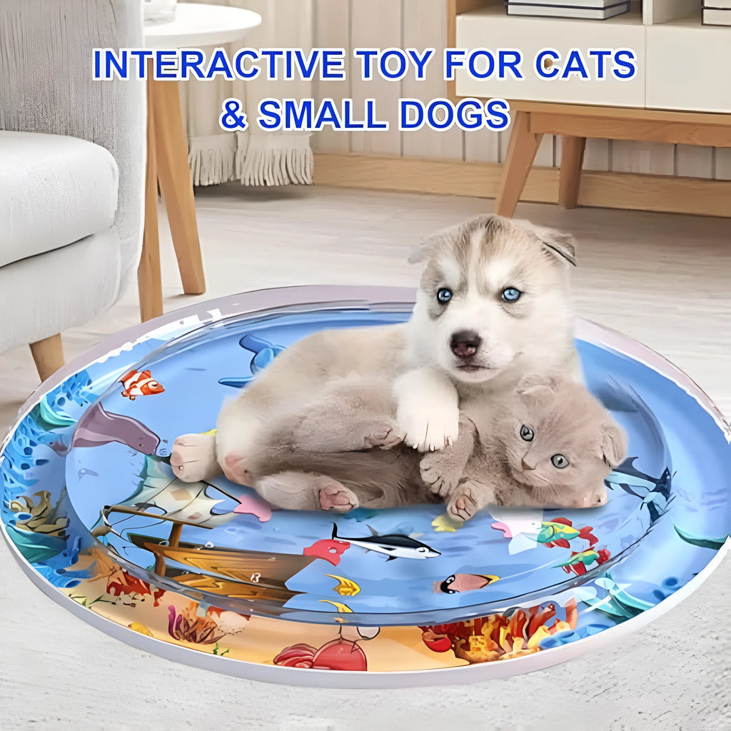 Blue cat water sensory playmat with ocean fish toys floating in water, 90cm diameter circular design