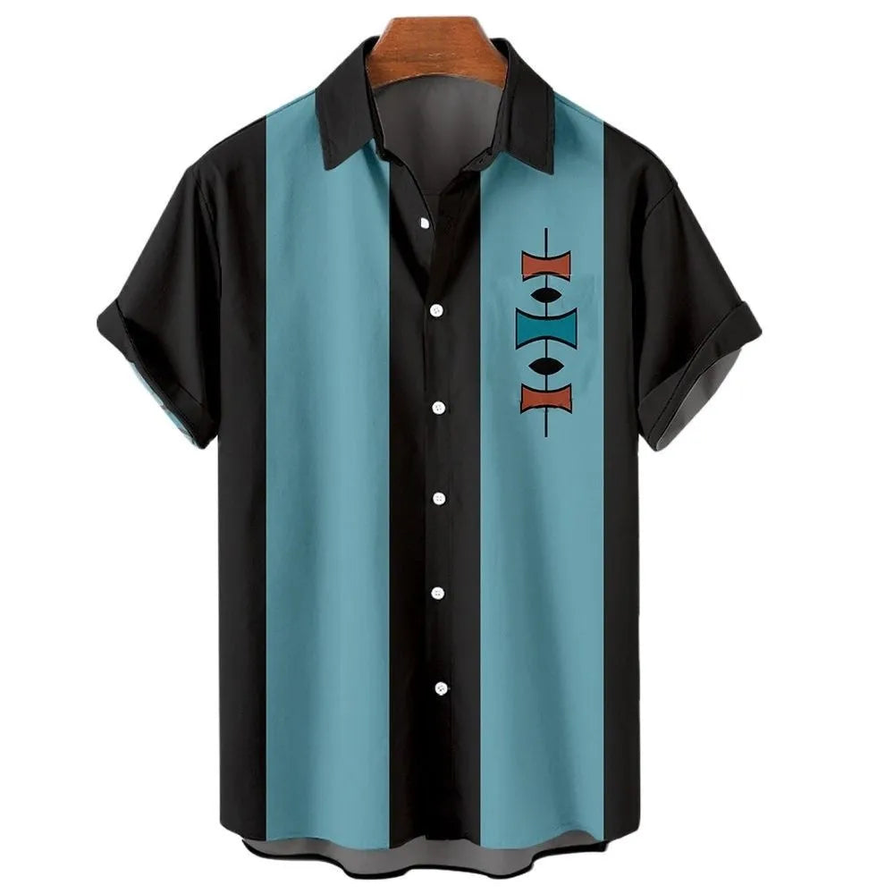 Men's striped Hawaiian shirt with button-up front and short sleeves showing elastic fabric stretch