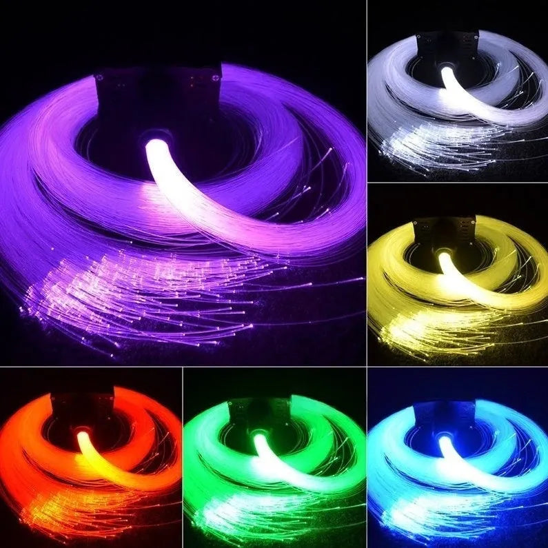 Car LED fibre optic cable set with 12V single-hole light source machine, optical fibre strands, remote control, and cigarette lighter plug.