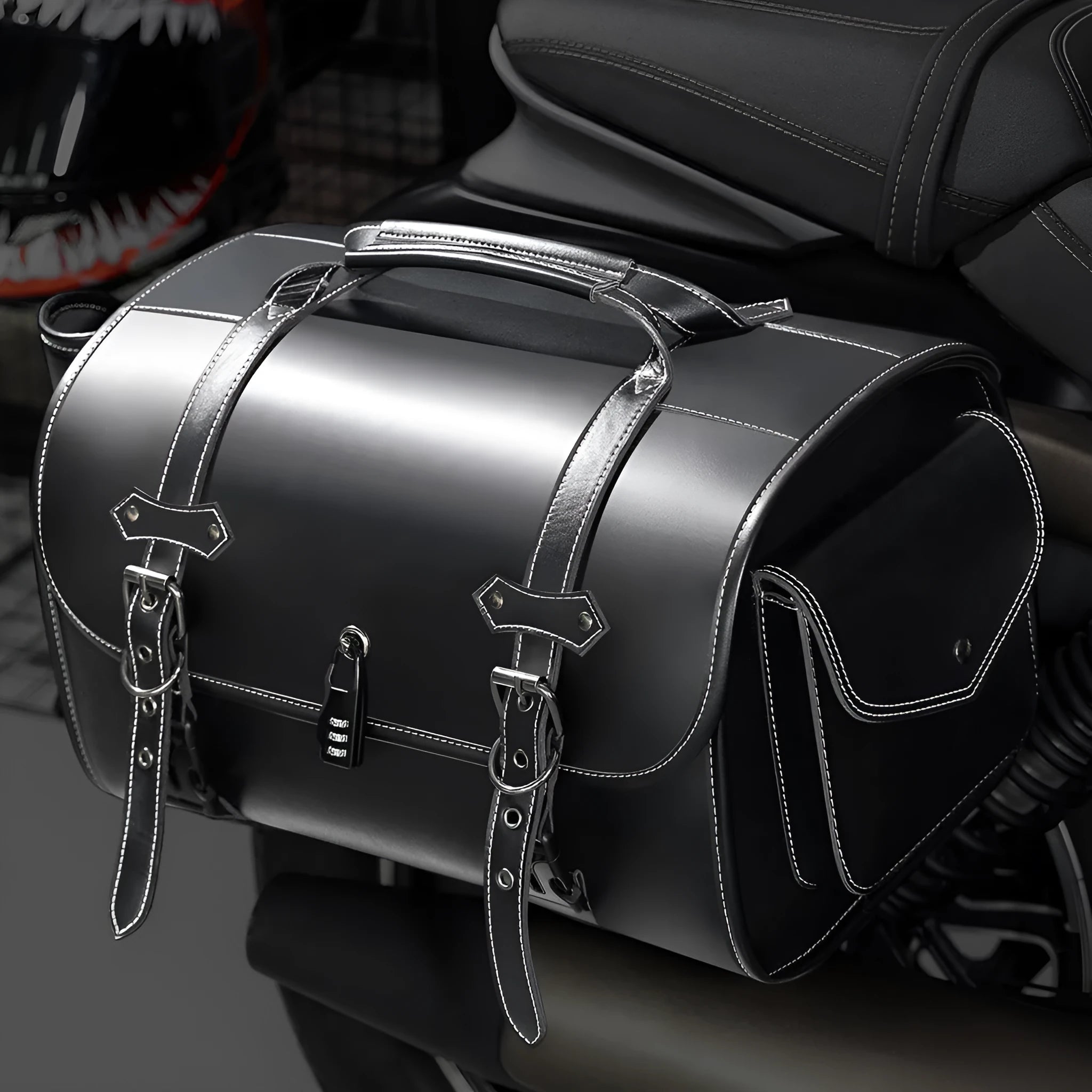 Dark punk motorcycle tail bag with coded lock mounted on cruiser motorcycle