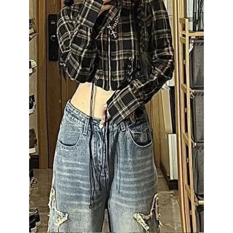 High-waist straight-leg denim trousers in blue, sizes XS to 2XL, 100% cotton composition