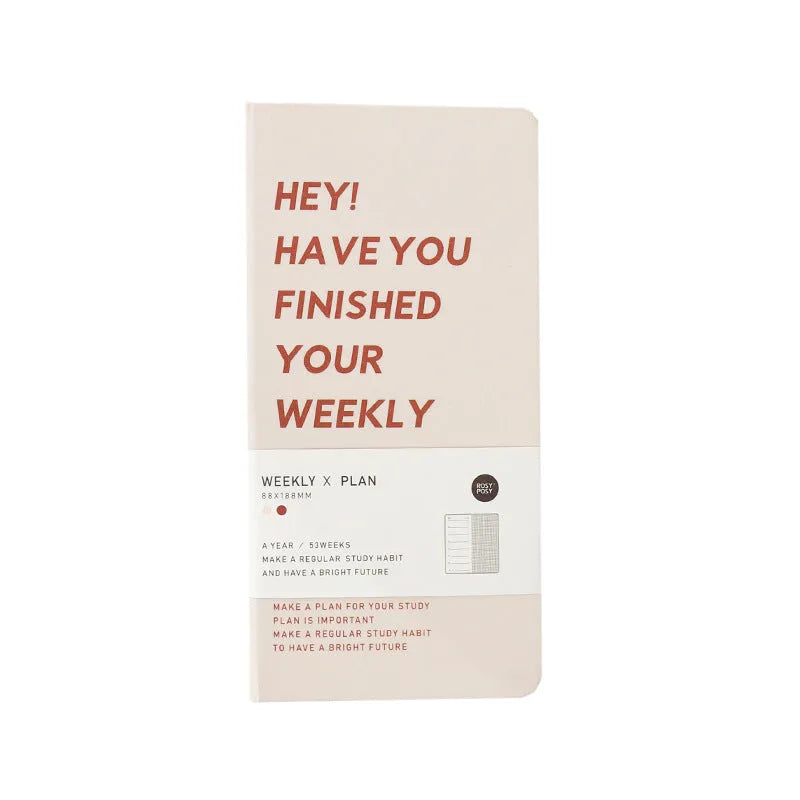 Weekly plan diary handbook in A5 size showing four colour options: blue, brown, green, purple